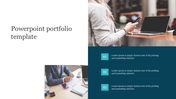 Portfolio slide with imagery of workers at wooden desks using technology, complemented by numbered teal content sections.