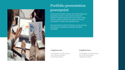 Business portfolio template with teal header and team analyzing data charts and world map on laptop in left image panel.