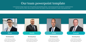 Team introduction slide with displaying four professional men in suits with name labels and placeholder text sections.