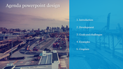 Agenda design slide with a cityscape and industrial port background, featuring a blue overlay on the right side.