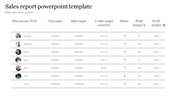 Sales report template featuring a table with rows for each month and columns for targets, profits, and status.