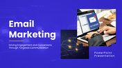 Email marketing slides with blue theme, laptop visuals, charts, icons, shapes, and clean layouts for campaign insights.