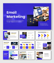 Email marketing slides with blue theme, laptop visuals, charts, icons, shapes, and clean layouts for campaign insights.