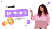 Email Marketing PowerPoint Presentation featuring purple layout, marketer with laptop, icons, shapes and campaign slides.