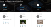 Social media analytics slide with Twitter, Instagram, and Facebook stats, user profiles, engagement metrics, and icons.