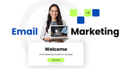 Email Marketing slide with blue green shapes, laptop image, icons, charts, and structured text blocks.