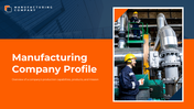 Rectangular design featuring a vibrant orange section with white text and a worker inspecting machinery photo on the right.
