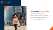 Slide with photo of a worker in an orange vest and silos, on a bold navy and white background, with corner accents.