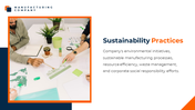 Orange framed photo of hands working on eco designs, with navy accents and text on a white background.