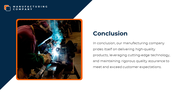 Split layout with a welding photo framed in orange on the left, dark blue accents, and text on a white background