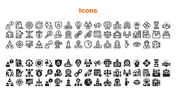 Grid of professional icons in both outlined and solid styles, displayed in black with an orange title on a white background.