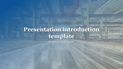 Industrial warehouse with a blue overlay highlighting a title for a manufacturing and logistics presentation.