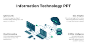 Technology themed slide with illustrated computers and cloud computing icons, highlighting four key concepts.