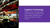 Slide with a purple and white layout, featuring a warehouse worker on a forklift and text on logistics technology.