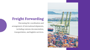 Slide with a purple and white layout, featuring a circular shape and an image of a shipping port with colorful containers.