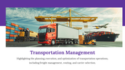 Transportation logistics slide featuring a port scene with a truck, train, cargo ship, airplane, and crane.