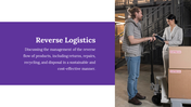 Logistics slide with a bold purple text box on the left and a photo of a worker and manager handling packages on the right.