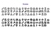 White background with two sets of business themed icons, outlined on top and filled on the bottom under a purple title.
