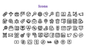 Multiple rows of minimalist black line icons displayed evenly under a bold purple title on a clean white background.