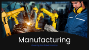 Manufacturing presentation with robots, worker visuals, blue theme, charts, and clear text layout for insights.