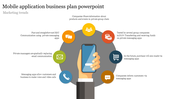 Illustrated smartphone surrounded by colorful icons representing mobile app functions in business communication.