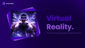 Immersive virtual reality presentation showcasing VR technology, applications, benefits, components, and innovations.