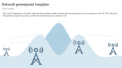 Network diagram showing 5G mobile towers with signal waves and mountains in the background.