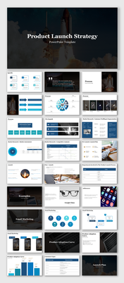 Product launch strategy template featuring a cover slide with a space shuttle launch image and multiple slides.