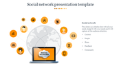 A globe illustration with interconnected orange and yellow icons, featuring a laptop at the bottom and text on the right.