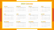 Calendar In PowerPoint Template showing 2026 yearly grid, white month cards, green headers.