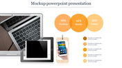 Mockup slide showing desktop, mobile, and tablet devices and three gradient circles with percentage values.
