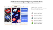 Mobile mockup slide with three phones displaying app interfaces with social media icons, alongside five numbered captions.