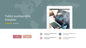 Tablet mockup slide with a world map on a green background, showing a tablet with a business analytics screen.