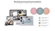 Mockup slide with images of a phone, tablet, laptop, and desktop displaying content, and three circular progress indicators.