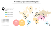 World map with location pins and regions in different colors, three caption circles on the left.