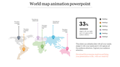 World map animation slide with colorful markers, showing headings and percentages for various regions with placeholder text.