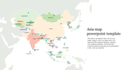 Pastel colored map of Asia with blue markers identifying key cities, placed on a white background with text to the right.