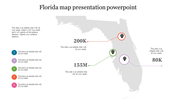 Florida map infographic with three location markers connected to data points showing population or statistics.