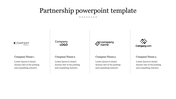 Partnership slide with four company logo placeholders, company names, and descriptive placeholder text, arranged in a row.