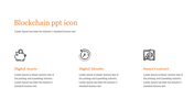 Template featuring three black outline icons and orange headings for blockchain related concepts.