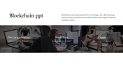 Modern blockchain slide with three overlay images representing applications, blockchain, and crypto, each with text labels.