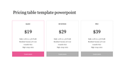 A PowerPoint template for a pricing table with three plans Basic, Business, and Pro, each with its price and features listed.
