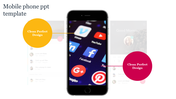 Mobile phone template featuring a smartphone mockup displaying social media icons, with two colored callouts. 