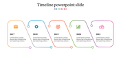 A colorful timeline PowerPoint slide showing key milestones from 2017 to 2021, with icons representing each year.