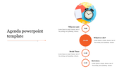 Agenda timeline layout featuring orange circular markers with time slots and a clock image at the top.