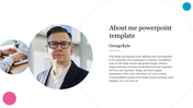 About me  template with circular photo placeholders, text sections, and pink and blue circle accents on a, white backdrop.