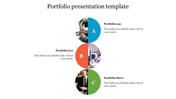 Portfolio presentation design with three stacked half colored circles labeled each containing an image and caption areas.