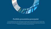 Portfolio slide with a large blue semi circle overlaying an image of glass buildings, set against a dark blue background.