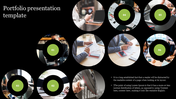 Portfolio presentation slide with a black background, featuring six circular images of business scenes.