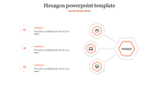 Slide featuring a red themed hexagonal network design with icons and three numbered captions on the left.